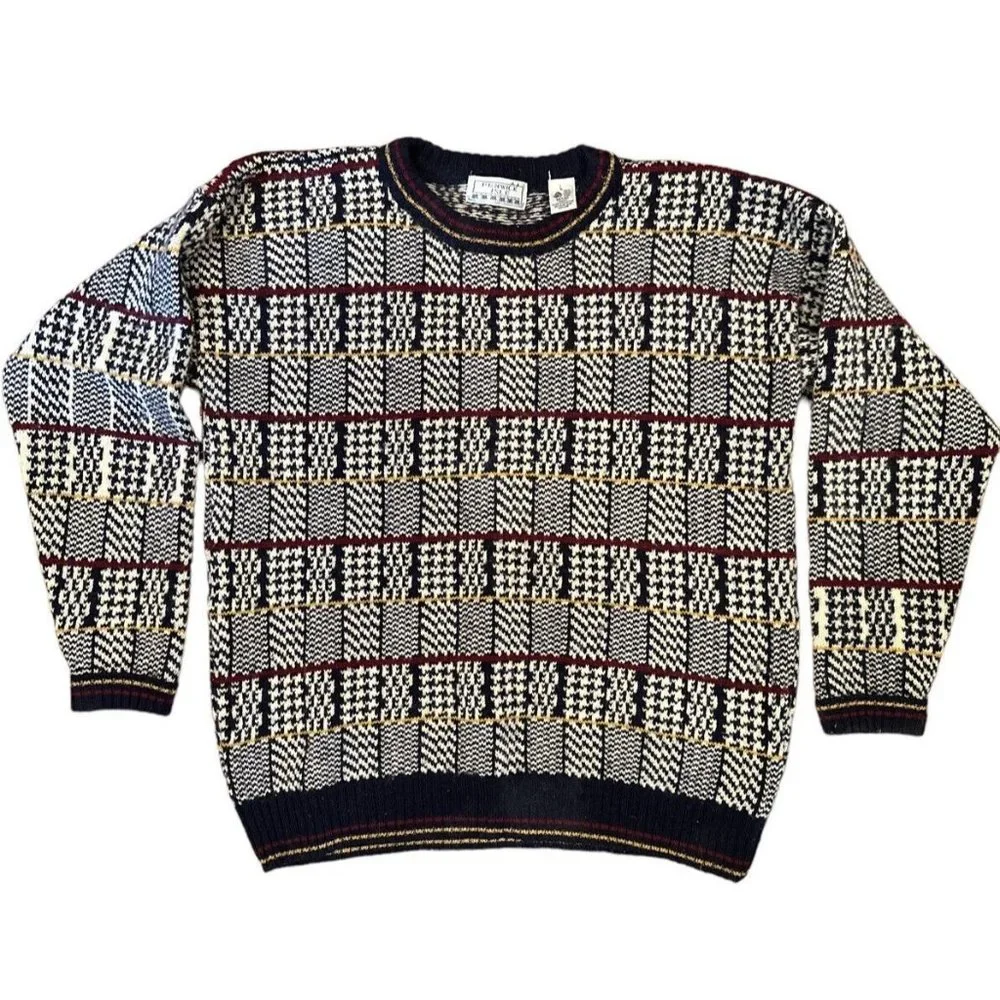 Fenwick Isle Mens Pullover Sweater Blue Muliticolor Design Long Sleeve Sz L VG.